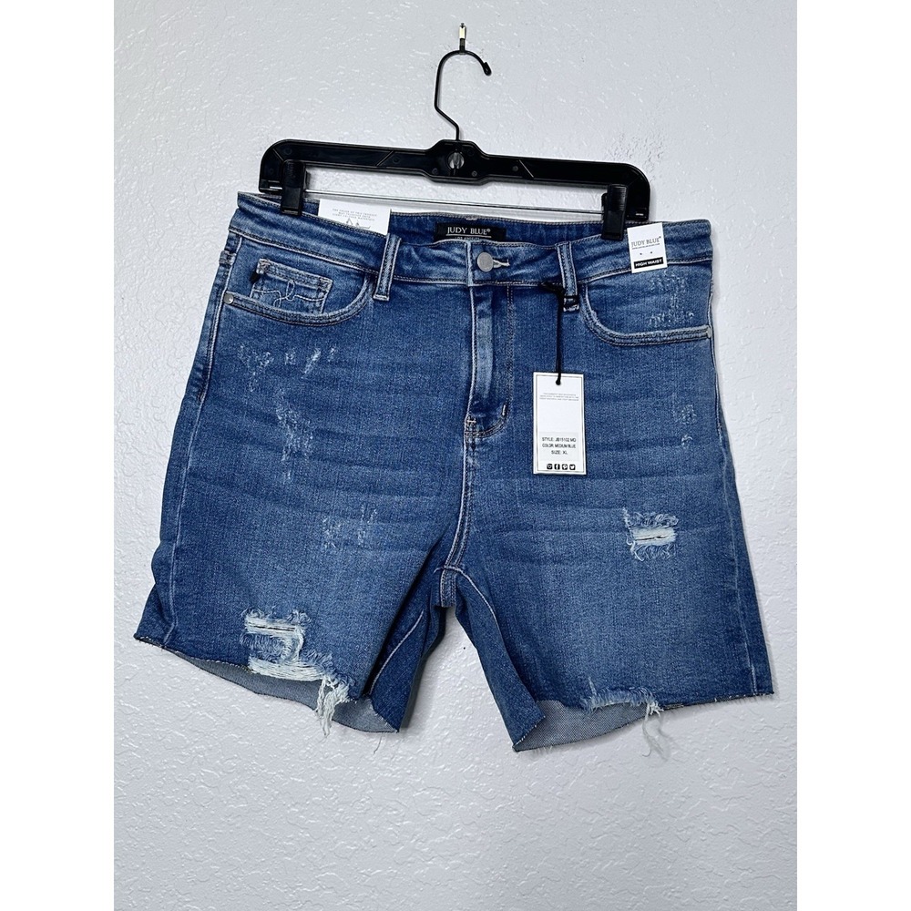 Judy Blue High Waist Distressed Denim Shorts Medium Wash Blue Stretch